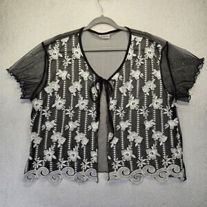Moine Sheer Mesh Embroidered Top Womens USA Made Black White Floral Short Sleeve